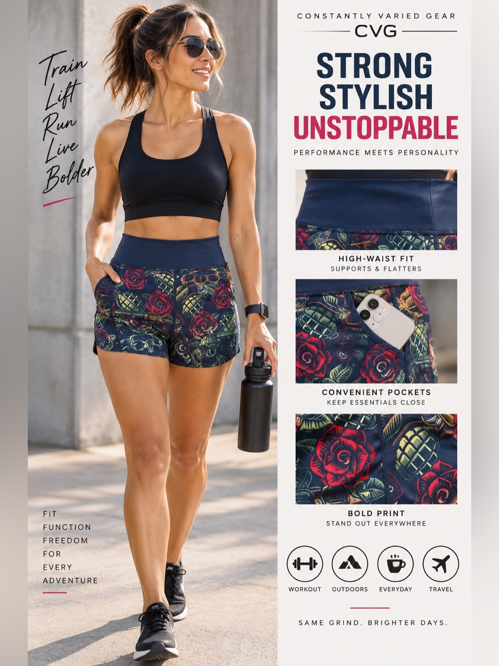 2109 Constantly Varied Gear CVG Floral & Grenade Print High-Waist Women’s Shorts